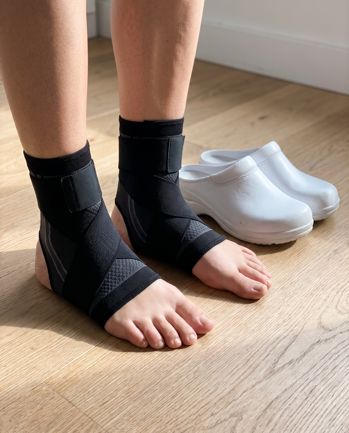 Two Kindheel arch-strap sleeves worn on both feet beside a pair of white clogs
