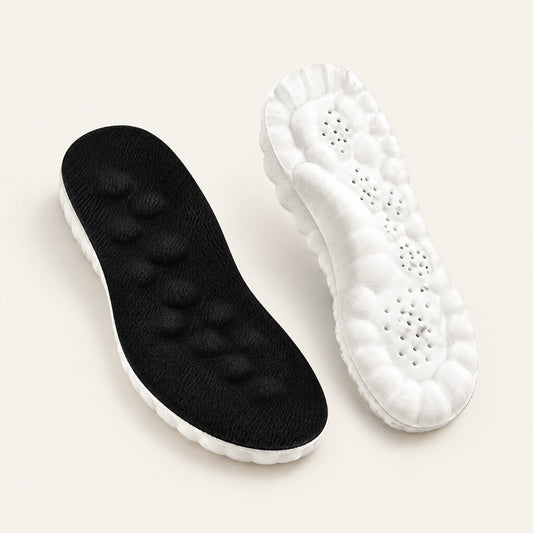 Black trim-to-fit arch-support insoles with white cushioned base, on off-white